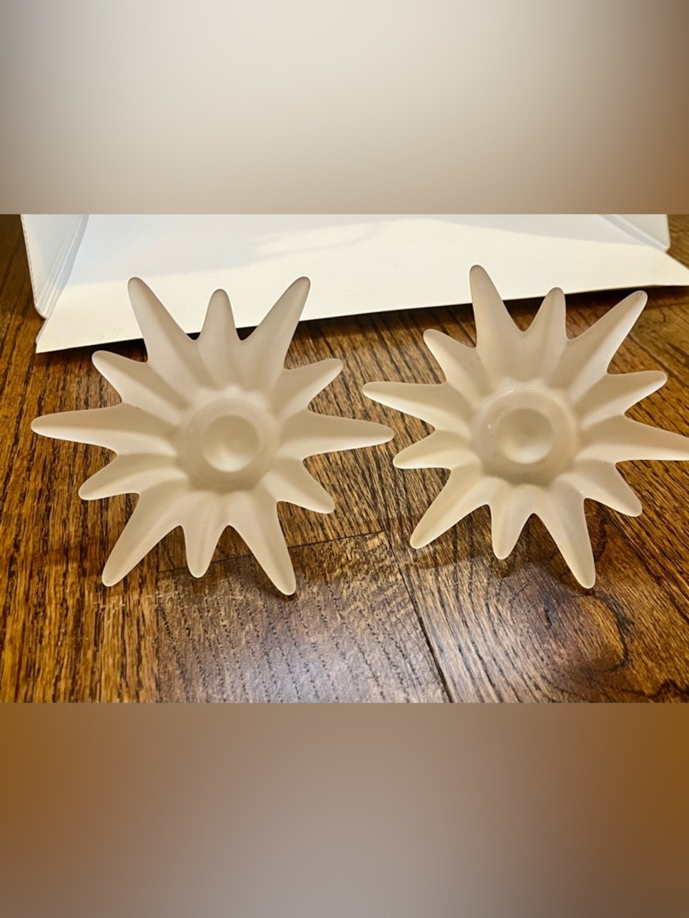 Pair of Frosted Glass Starburst Taper Candle Holder Inserts Bobeches/Drip Cups